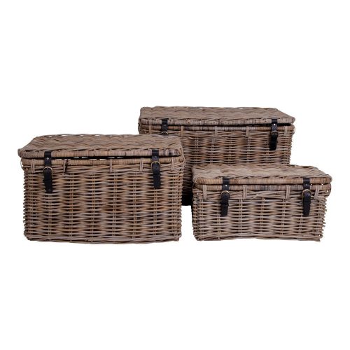 Depok tárolókosár, kubu rattan, bőr fogantyúval, szürke, 3 db