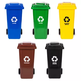   Hulladéktároló készlet 5x120L-es kék, zöld, sárga, fekete, barna, gumikerekekkel
